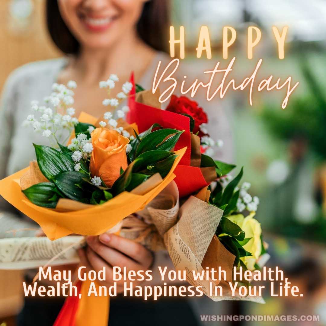 Close-up image of florist holding three different fresh flower bouquets toward camera - Happy Birthd